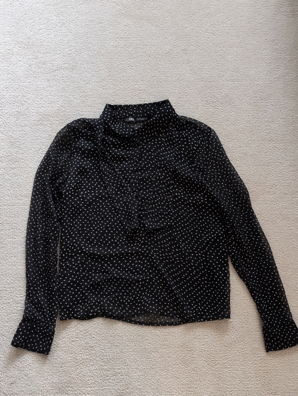 Zara Black Blouse with White Dot Tie-Neck